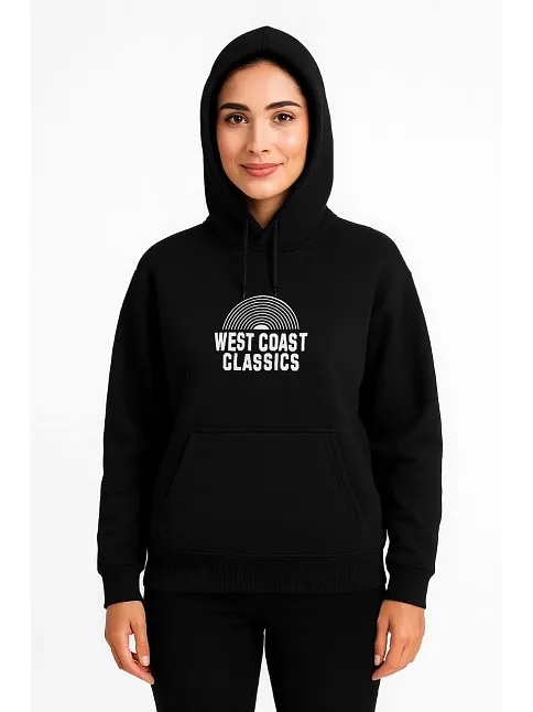 Kadın Kapşonlu Sweatshirt – Oversize Üç İplik Şardonlu Hoodie, “west Coast Classics” Ön & Arka Baskılı, Kanguru Cepli Kışlık Günlük Stil - Siyah