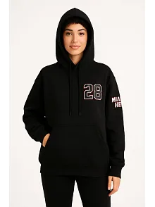Kadın Üç İplik Kapüşonlu Ön Ve Arka Baskılı Sweatshirt Hoodie - Siyah