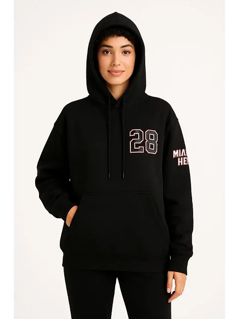 Kadın Üç İplik Kapüşonlu Ön Ve Arka Baskılı Sweatshirt Hoodie - Siyah
