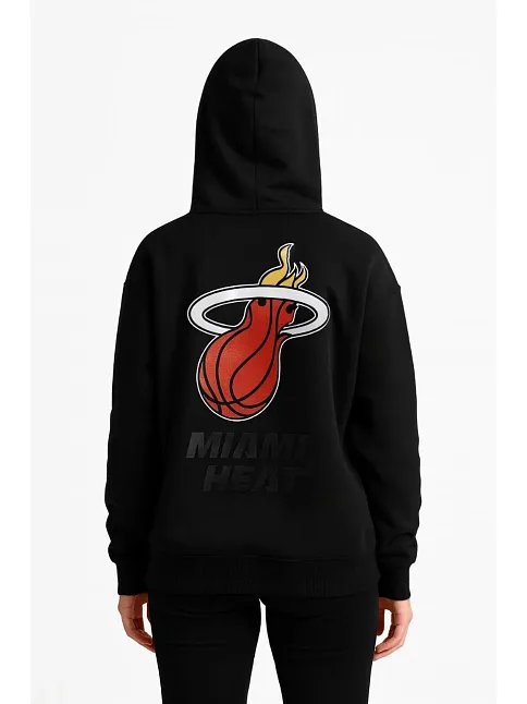 Kadın Üç İplik Kapüşonlu Ön Ve Arka Baskılı Sweatshirt Hoodie - Siyah