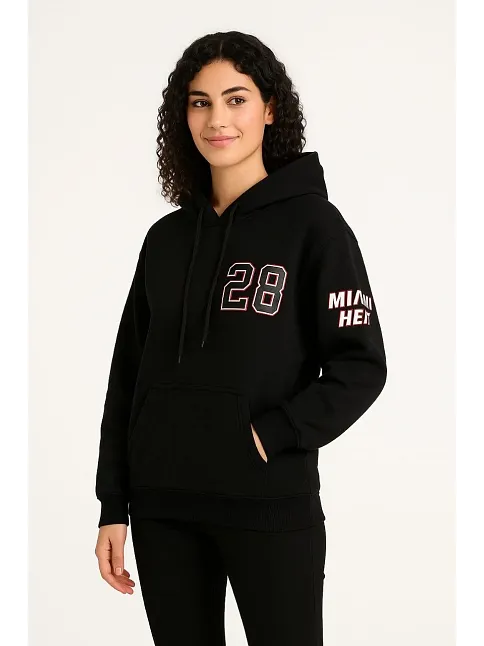 Kadın Üç İplik Kapüşonlu Ön Ve Arka Baskılı Sweatshirt Hoodie - Siyah
