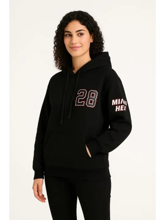 Kadın Üç İplik Kapüşonlu Ön ve Arka Baskılı SweatShirt hoodie - Siyah