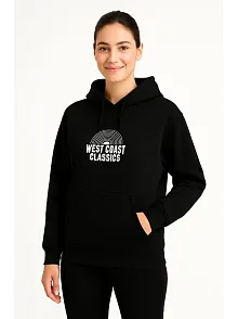 Kadın Kapşonlu Sweatshirt – Oversize Üç İplik Şardonlu Hoodie, “west Coast Classics” Ön & Arka Baskılı, Kanguru Cepli Kışlık Günlük Stil - Siyah