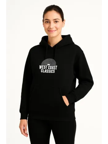 Kadın Kapşonlu Sweatshirt – Oversize Üç İplik Şardonlu Hoodie, “west Coast Classics” Ön & Arka Baskılı, Kanguru Cepli Kışlık Günlük Stil - Siyah