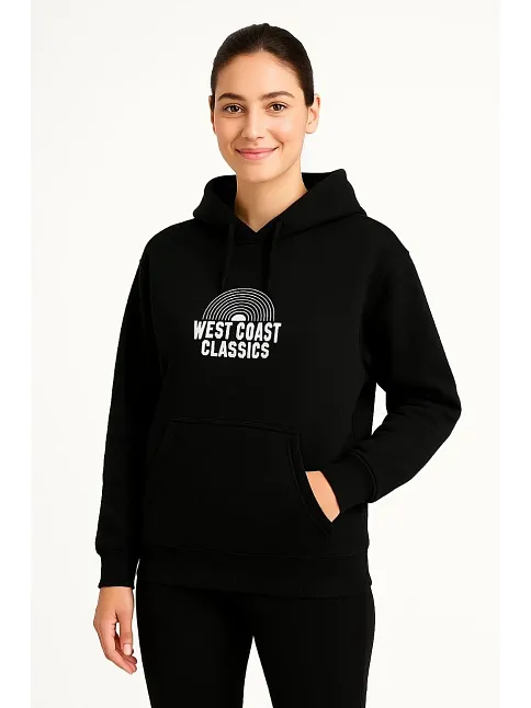 Kadın Kapşonlu Sweatshirt – Oversize Üç İplik Şardonlu Hoodie, “west Coast Classics” Ön & Arka Baskılı, Kanguru Cepli Kışlık Günlük Stil - Siyah