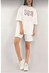 Kadın Unisex Nakış İşlemeli Şort Takım - Beyaz