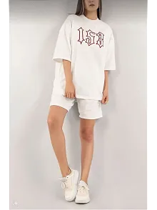Kadın Unisex Nakış İşlemeli Şort Takım - Beyaz