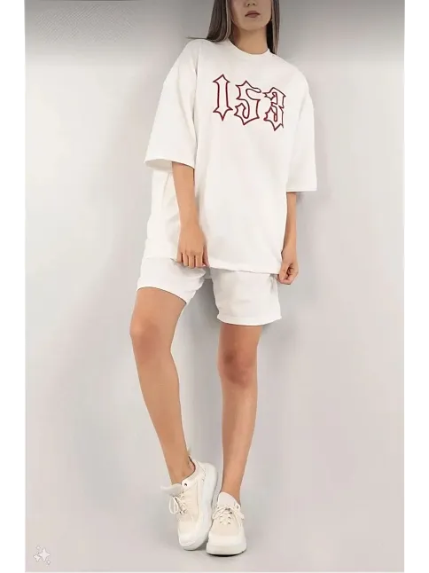 Kadın Unisex Nakış İşlemeli Şort Takım - Beyaz