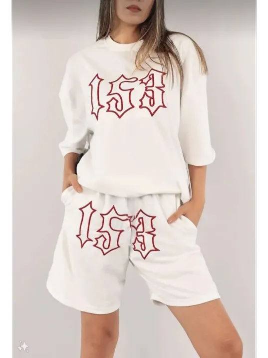 Kadın Unisex Nakış İşlemeli Şort Takım - Beyaz Kadın Unisex Nakış İşlemeli Şort Takım - Beyaz