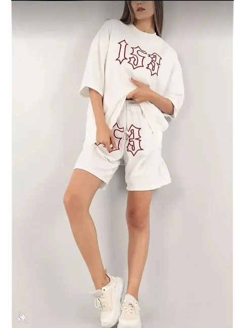 Kadın Unisex Nakış İşlemeli Şort Takım - Beyaz