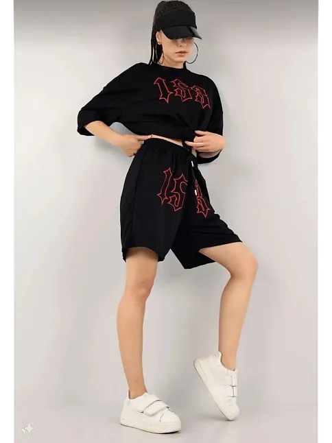 Kadın Unisex Nakış İşlemeli Şort Takım - Siyah