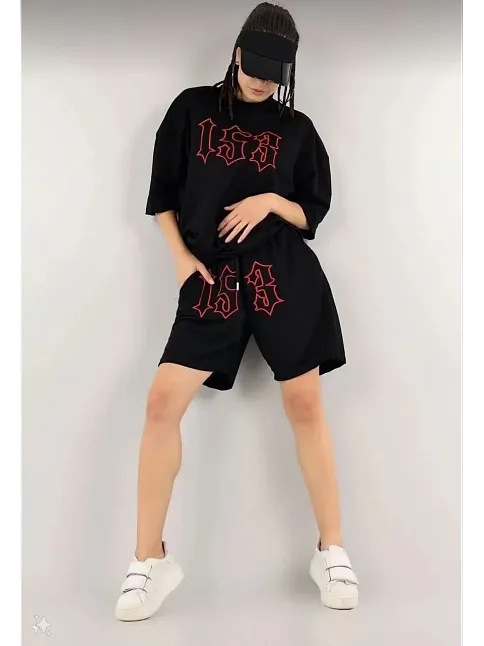 Kadın Unisex Nakış İşlemeli Şort Takım - Siyah