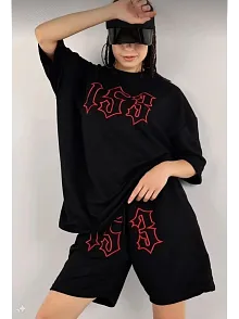 Kadın Unisex Nakış İşlemeli Şort Takım - Siyah