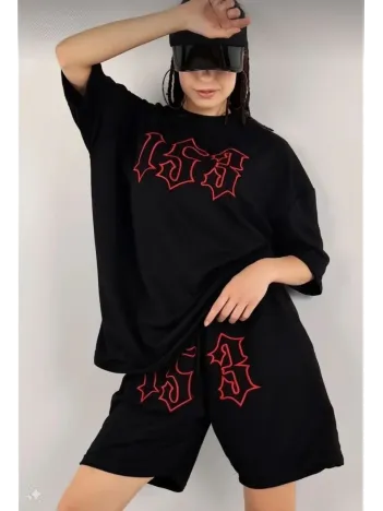 Kadın Unisex Nakış İşlemeli Şort Takım - Siyah Kadın Unisex Nakış İşlemeli Şort Takım - Siyah
