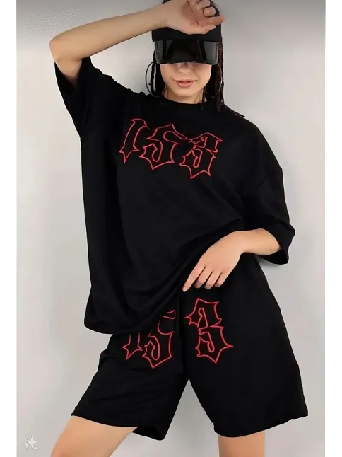 Kadın Unisex Nakış İşlemeli Şort Takım - Siyah