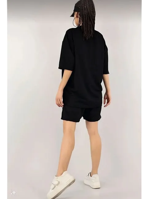 Kadın Unisex Nakış İşlemeli Şort Takım - Siyah
