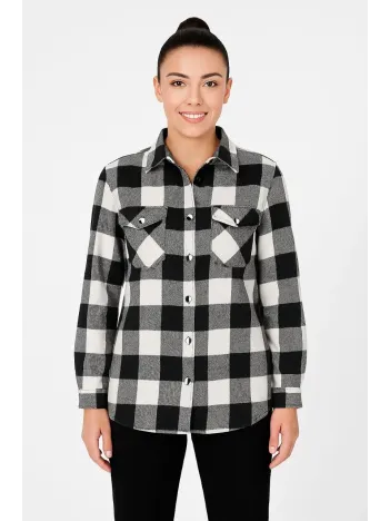 Kadın Oduncu Gömlek – Uzun Kollu, Şardonlu Kumaş, Kırmızı Beyaz Kareli Desen, Regular Fit, Çift Cepli, Manşetli Günlük Şık Stil - Siyah