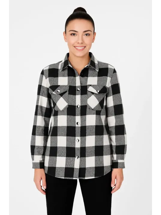 Kadın Oduncu Gömlek – Uzun Kollu, Şardonlu Kumaş, Kırmızı Beyaz Kareli Desen, Regular Fit, Çift Cepli, Manşetli Günlük Şık Stil - Siyah Kadın Oduncu Gömlek – Uzun Kollu, Şardonlu Kumaş, Kırmızı Beyaz Kareli Desen, Regular Fit, Çift Cepli, Manşetli Günlük Şık Stil - Siyah