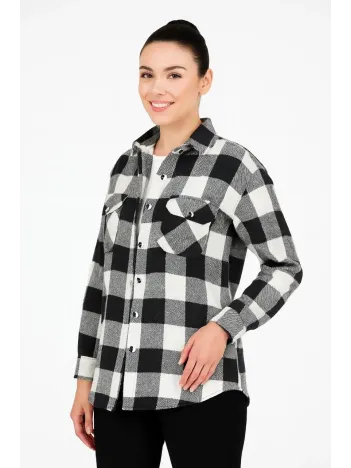Kadın Oduncu Gömlek – Uzun Kollu, Şardonlu Kumaş, Kırmızı Beyaz Kareli Desen, Regular Fit, Çift Cepli, Manşetli Günlük Şık Stil - Siyah