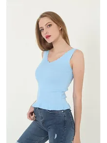 Kadın V Yaka Fırfır Detay Crop - Mavi