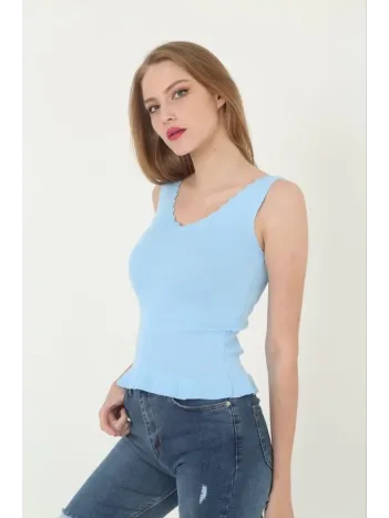 Kadın V Yaka Fırfır Detay Crop - Mavi Kadın V Yaka Fırfır Detay Crop - Mavi