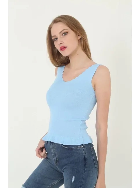 Kadın V Yaka Fırfır Detay Crop - Mavi