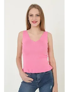 Kadın V Yaka Fırfır Detay Crop - Pembe
