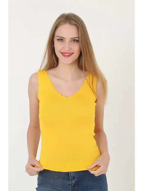 Kadın V Yaka Fırfır Detay Crop - Sarı