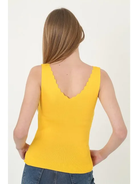 Kadın V Yaka Fırfır Detay Crop - Sarı