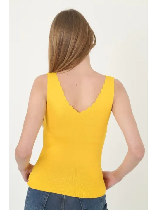 Kadın V Yaka Fırfır Detay Crop - Sarı