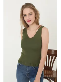 Kadın V Yaka Fırfır Detay Crop - Yeşil