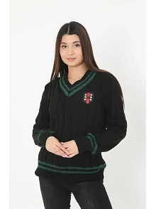 Kadın V Yaka Örgülü Kazak - Siyah