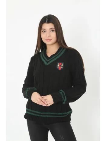 Kadın V Yaka Örgülü Kazak - Siyah Kadın V Yaka Örgülü Kazak - Siyah