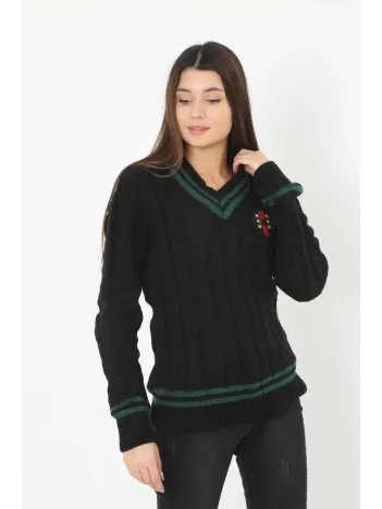 Kadın V Yaka Örgülü Kazak - Siyah Kadın V Yaka Örgülü Kazak - Siyah