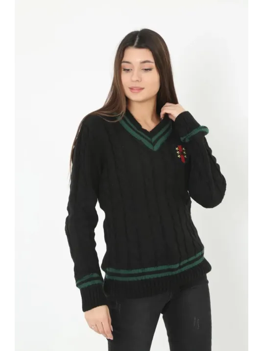 Kadın V Yaka Örgülü Kazak - Siyah