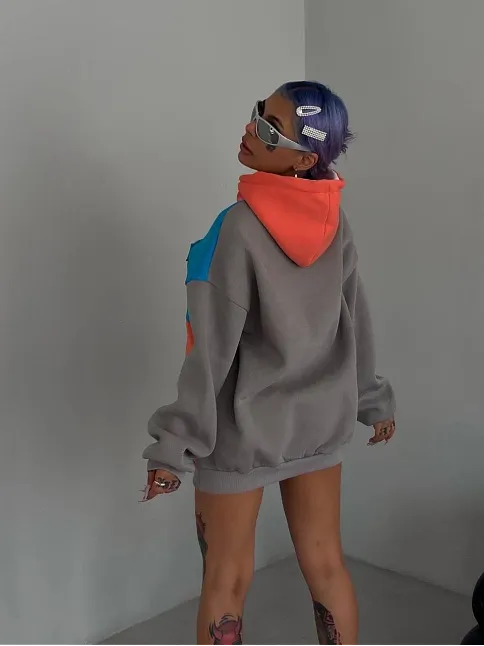 Kadın W Nakış İşlemeli Kapüşonlu Sweatshirt - Mavi