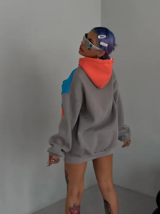 Kadın W Nakış İşlemeli Kapüşonlu Sweatshirt - Mavi