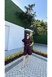 Kadın Yakalı Gömlek Kemerli Şortlu Takım - Bordo