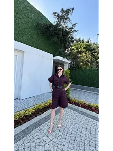 Kadın Yakalı Gömlek Kemerli Şortlu Takım - Bordo