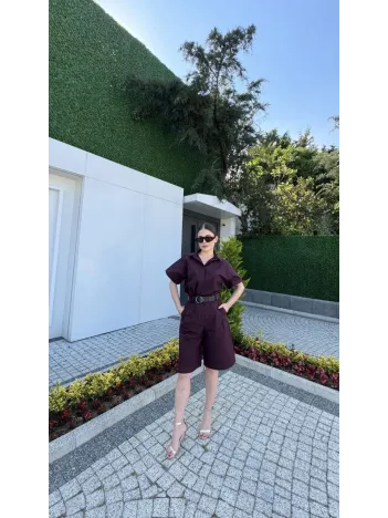 Kadın Yakalı Gömlek Kemerli Şortlu Takım - Bordo Kadın Yakalı Gömlek Kemerli Şortlu Takım - Bordo