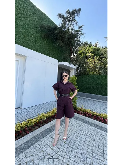 Kadın Yakalı Gömlek Kemerli Şortlu Takım - Bordo