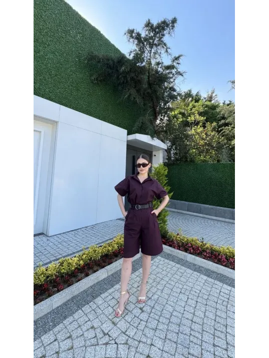 Kadın Yakalı Gömlek Kemerli Şortlu Takım - Bordo