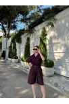 Kadın Yakalı Gömlek Kemerli Şortlu Takım - Bordo