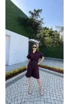 Kadın Yakalı Gömlek Kemerli Şortlu Takım - Bordo
