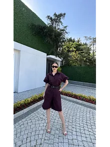 Kadın Yakalı Gömlek Kemerli Şortlu Takım - Bordo