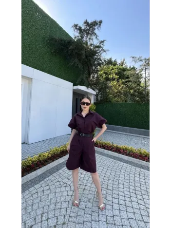 Kadın Yakalı Gömlek Kemerli Şortlu Takım - Bordo Kadın Yakalı Gömlek Kemerli Şortlu Takım - Bordo