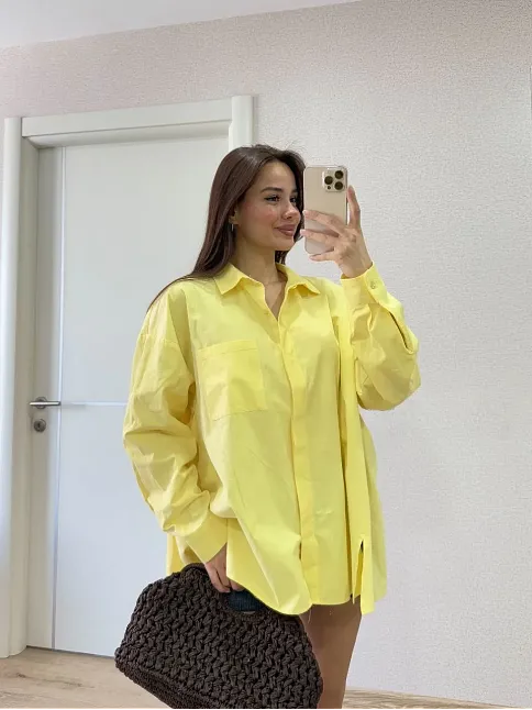 Poplin Kadın Yakalı Yandan Yırtmaçlı Arka Pens Detaylı Gömlek - Sarı