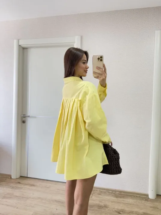 Poplin Kadın Yakalı Yandan Yırtmaçlı Arka Pens Detaylı Gömlek - Sarı