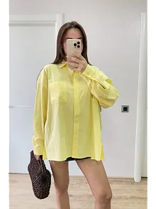 Poplin Kadın Yakalı Yandan Yırtmaçlı Arka Pens Detaylı Gömlek - Sarı