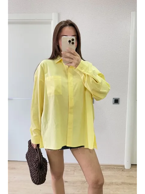Poplin Kadın Yakalı Yandan Yırtmaçlı Arka Pens Detaylı Gömlek - Sarı